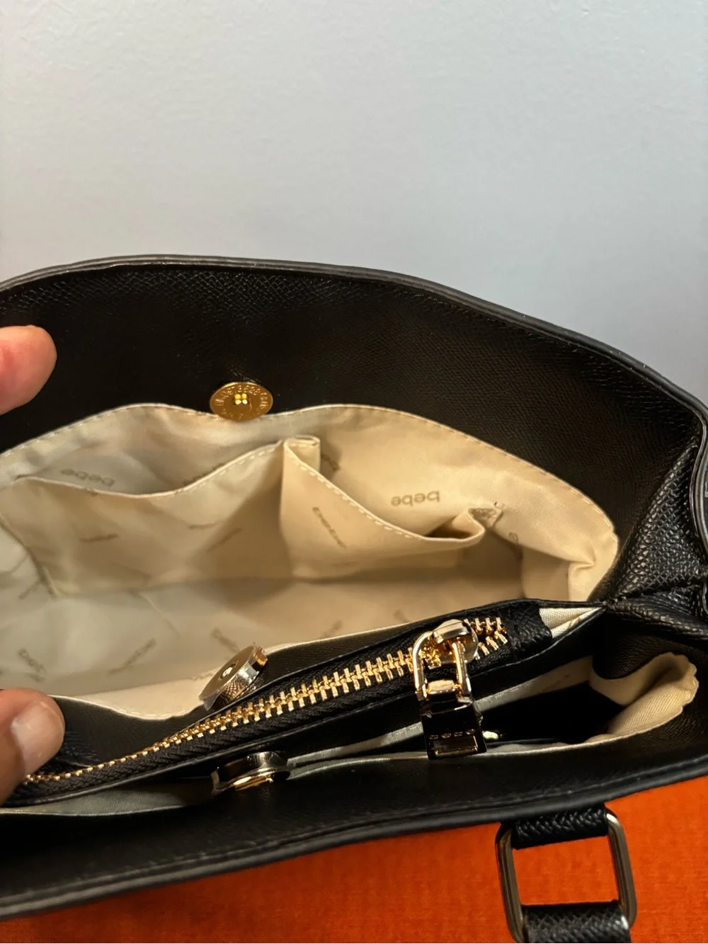 bebe Adele Black Logo Satchel with Matching Wallet and Gold Accents